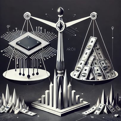 DALL·E 2024-08-19 19.08.11 - An abstract, black-and-white visual representation of a balance scale weighing a computer chip against a pile of money, symbolizing AI ROI in banking