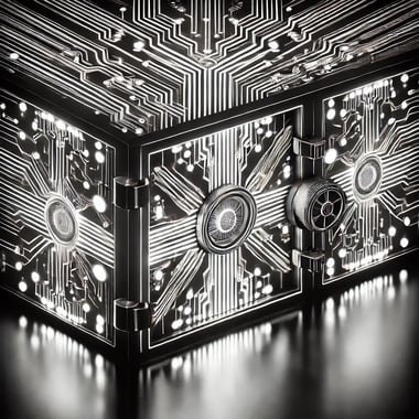 DALL·E 2024-08-19 19.09.36 - An abstract, black-and-white visual representation of a futuristic bank vault with glowing circuits, symbolizing AI-protected financial data. The imag