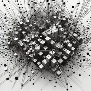 DALL·E 2024-08-26 08.42.46 - An abstract, black-and-white 3D visualization of a vector database, showing interconnected nodes in a complex network. The image should depict a web o