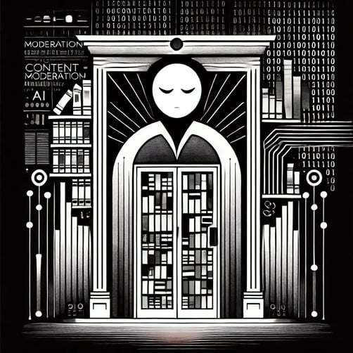 DALL·E 2024-08-26 08.44.44 - An abstract, black-and-white visual representation of a librarian-like figure standing guard at the entrance of a digital library, symbolizing content