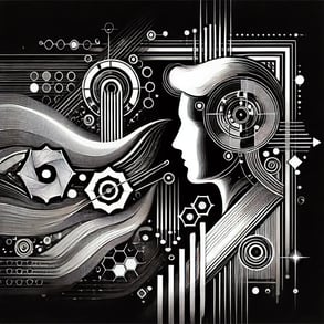 DALL·E 2024-08-26 08.56.27 - An abstract, black-and-white visual representation of an AI engineer generating the perfect prompt. The image should depict the engineer as a focused,